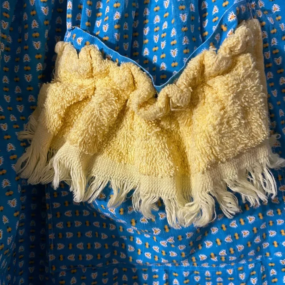 #5739 Womens Handmade Blue and Yellow Half Apron with Pockets